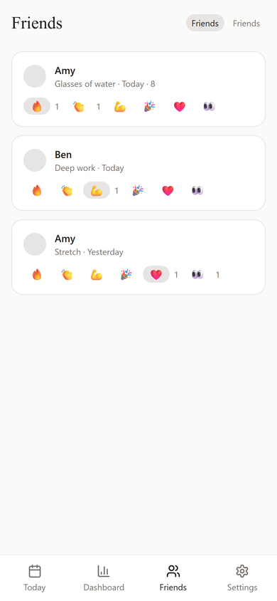 The Friends feed showing recent check-ins from two friends with reaction glyphs