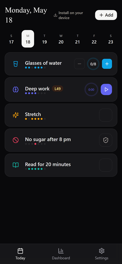 The Today screen in dark mode